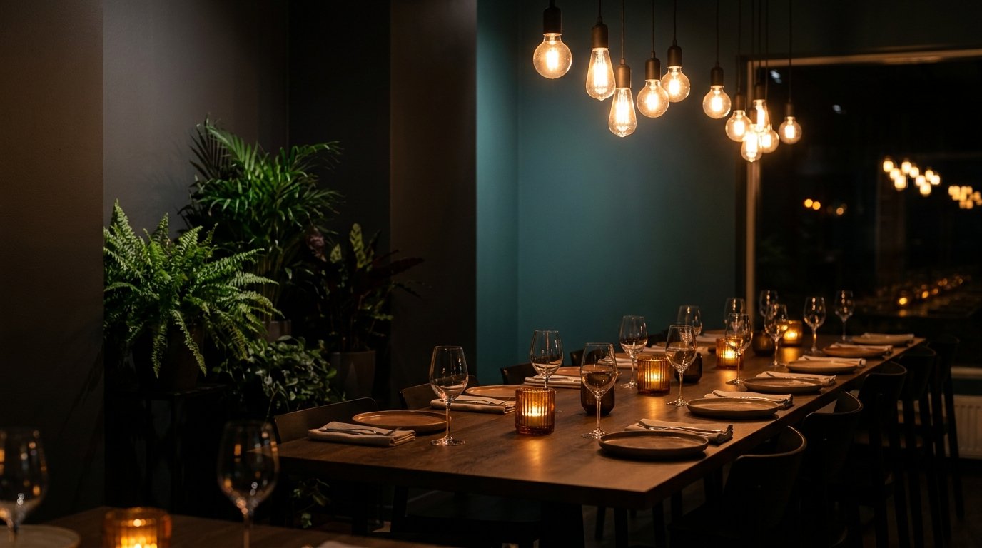 Inside Boondox Family Restaurant — warm dining room at night