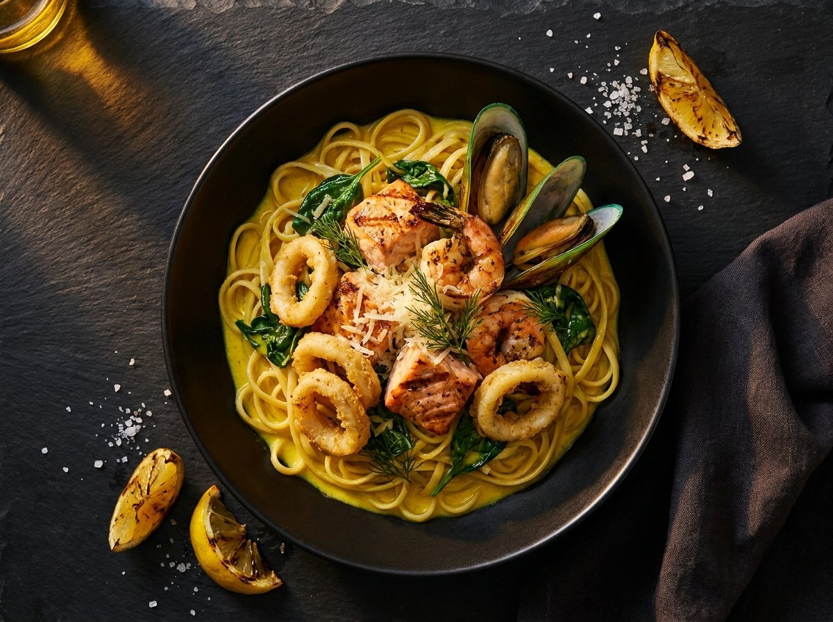 Seafood linguine with salmon, mussels, prawns and calamari